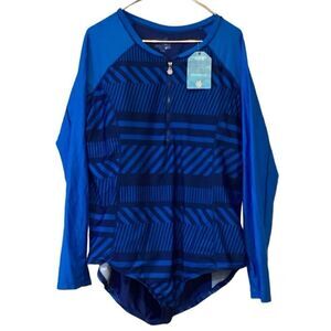NWT Long Sleeve Half Zip Swimsuit UV Skin Blue Size 3X UPF 50+ Rash Guard